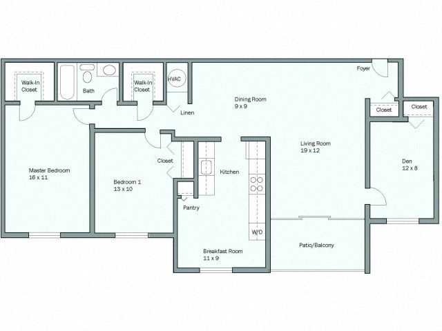 Floor plan for 2 beds, 1 bath, 1219 sqft